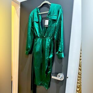 Bottle Green Deep V Plunge Neck Midi length shirt dress with belt detail